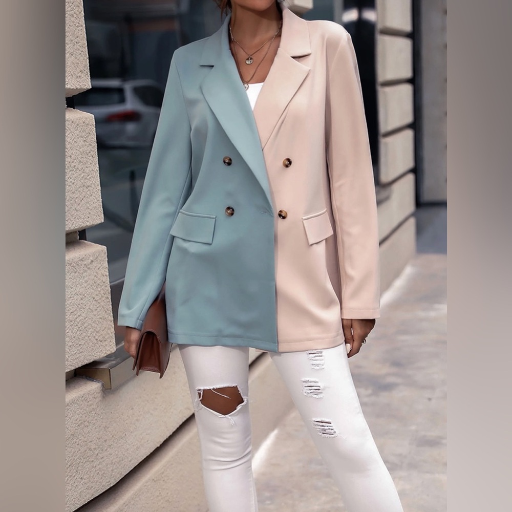 NEW! Color Block Two-Tone Oversized Double Breasted Blazer Jacket - Picture 3 of 6
